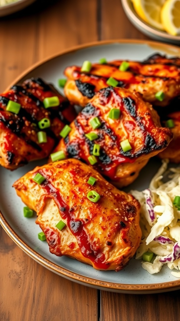Grilled Cajun chicken thighs with coleslaw on a rustic table.
